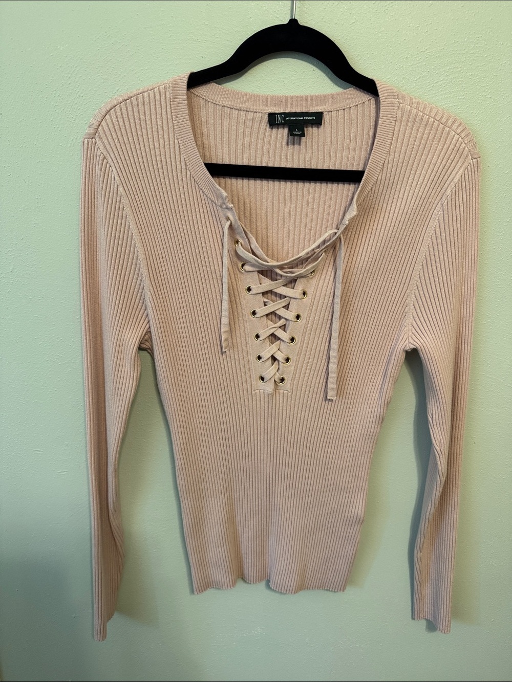 INC International Concepts Ribbed Lace-Up Long Sleeve Sweater in Blush